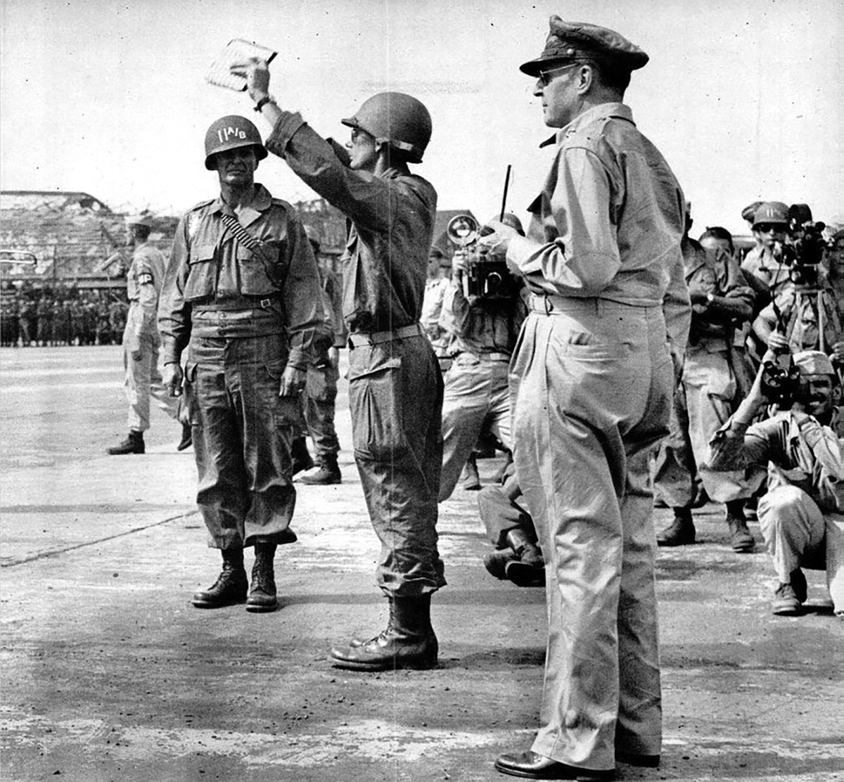 Generals MacArthur and Swing at Atsugi Air Field with 11th Airborne Division band